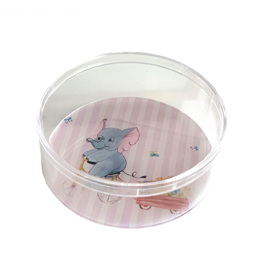 Διάφανο στρογγυλό κουτί με θεματική εκτύπωση Ελεφαντάκι Καμηλοπάρδαλη 