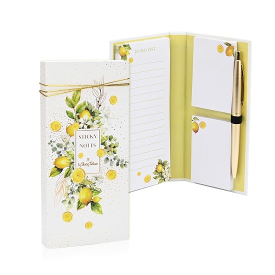 Σημειωματάριο με post it και στυλό λεμόνια με λουλούδια
