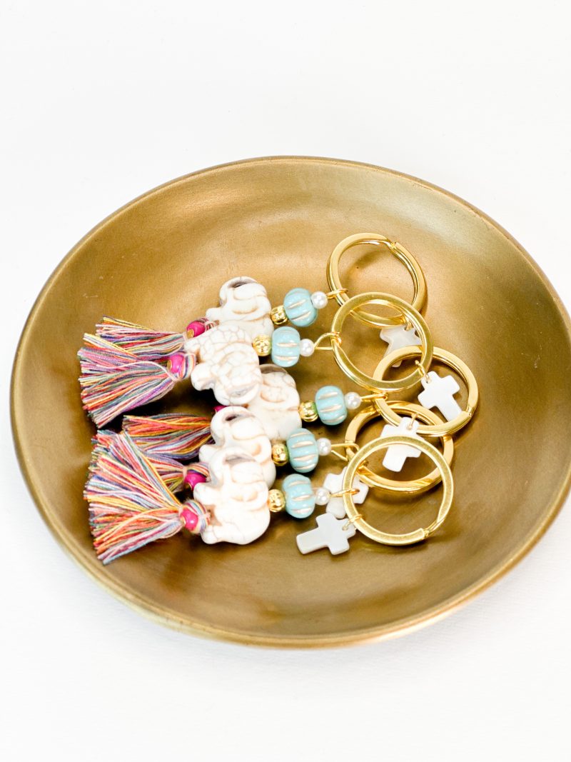 CELFIE CO - Μαρτυρικό μπρελόκ με πολύχρωμη φούντα, γαλάζια χάντρα, μοτίφ ελέφαντας και σταυρό