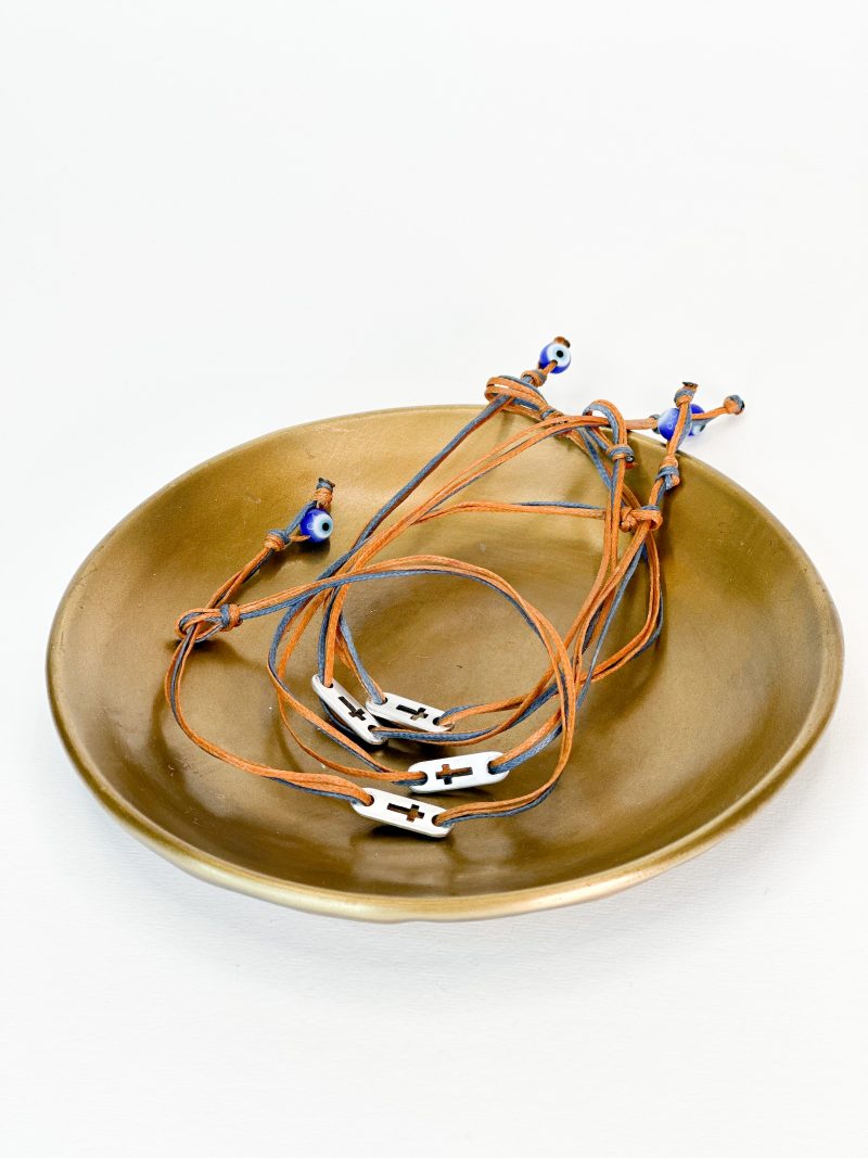 CELFIE CO - Μαρτυρικό βραχιόλι με μπλε και καφέ κερωμένο κορδόνι, ματάκι αλλά και σταυρό σε ασημί απόχρωση