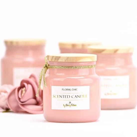 Κερί ροζ floral chic με ξύλινο καπάκι