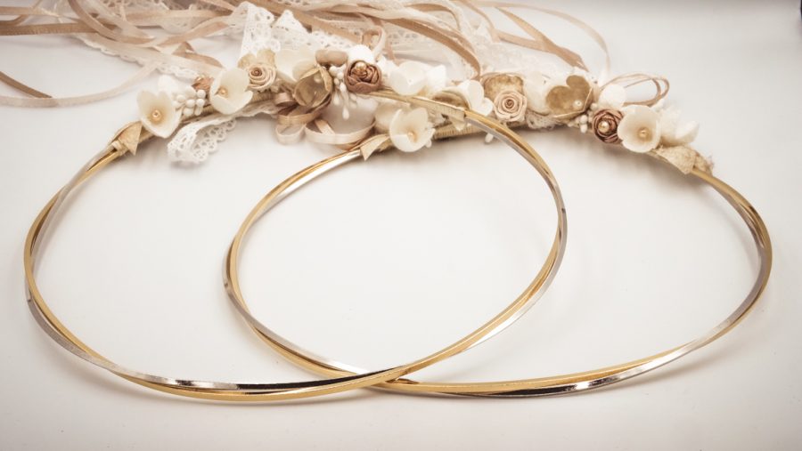 VELISSARIA - Στέφανα γάμου με επίχρυση-επάργυρη βέργα και μεταξωτά λουλούδια